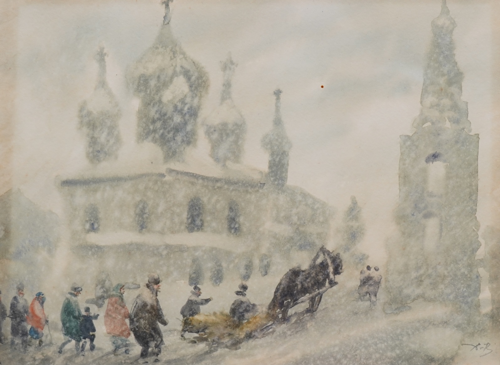 A collection of small Russian watercolours to include: Figures in the snow and palaces, some signed with monogram 'AB', largest 17 x 22cm (8)